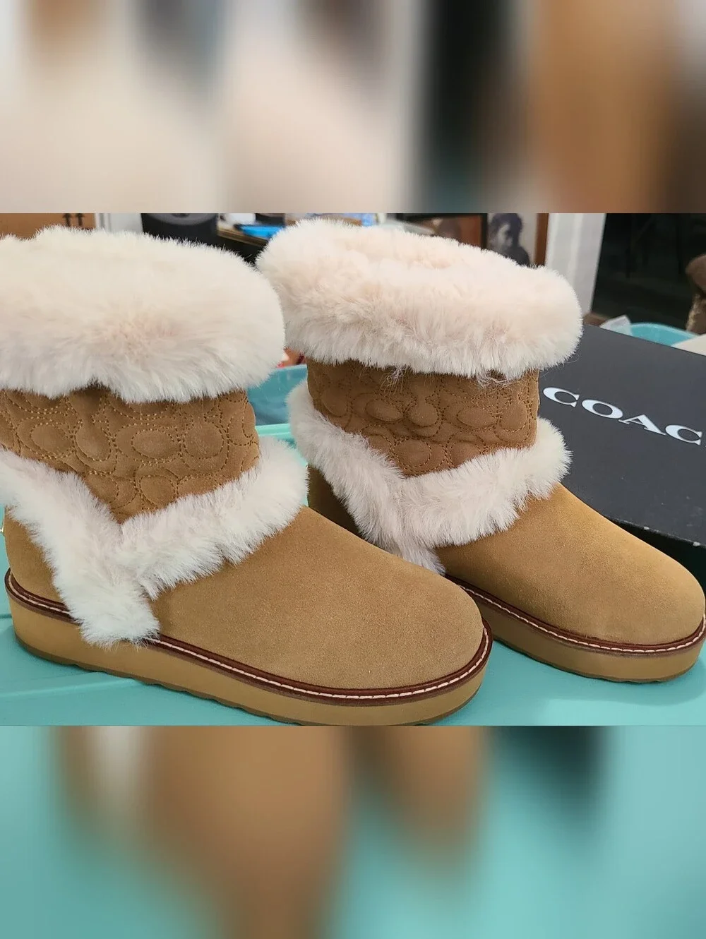 Coach☆ Authentic Izzie Signature Suede & Faux Sherling Fur trim Boots